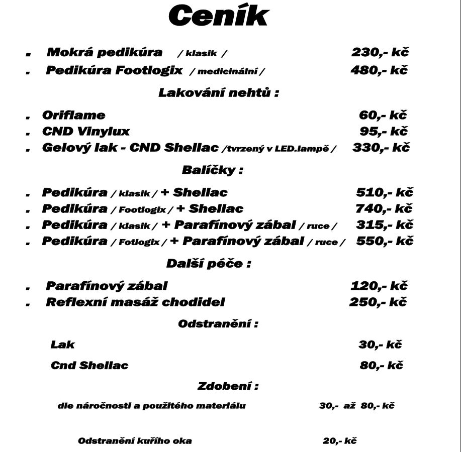 PEDIKÚRA - ceník
