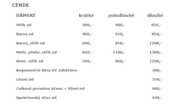 Kadeřnictví Plzeň Bory – Ceník