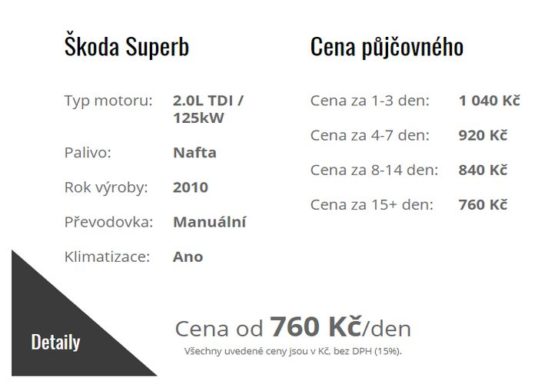 Autopůjčovna Strakonice - ceník zapůjčení osobního automobilu Škoda Seperb